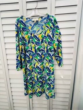 Pappagallo Vibrant Blue Green Yellow Leaf-Print Shift Dress Size L
